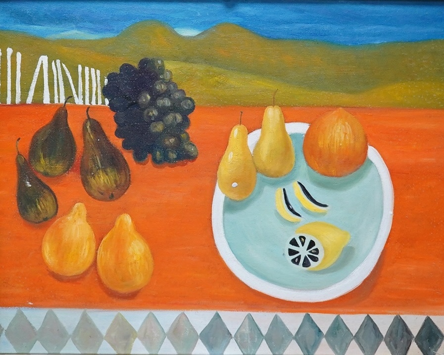 A decorative oil on board, Still life of fruit before a landscape, 40 x 50cm, ornate frame. Condition - good